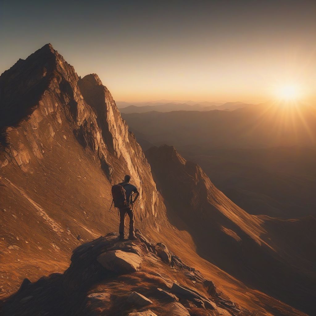 Hiker reaching a remote mountain peak